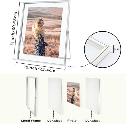 Qiannhee 8x10 Floating Frames Set of 2, Double Glass Desktop Picture Frames, Holds Multiple Photo Sizes, Photo Frame with Metal Stand