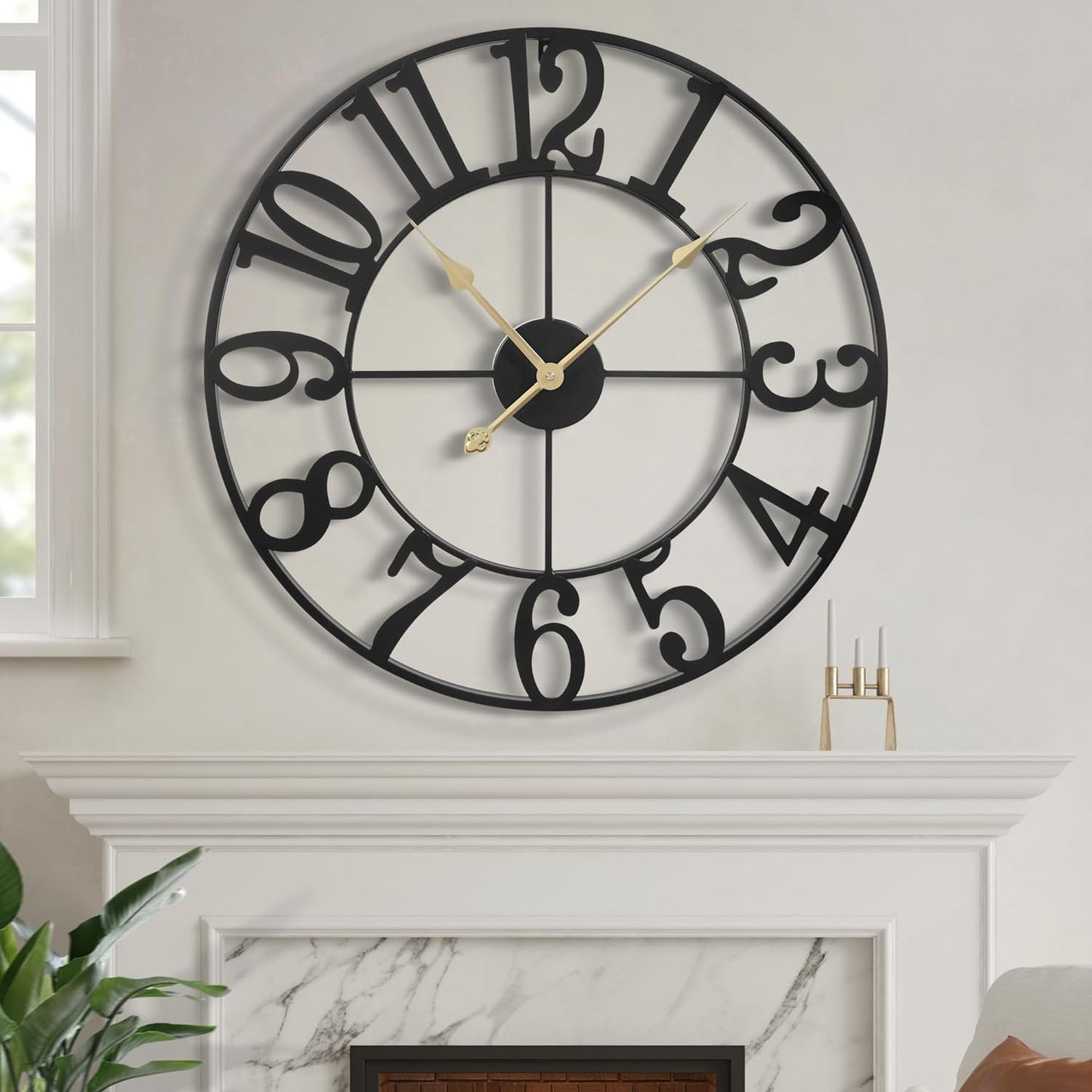 LEIKE 16" Large Wall Clocks Battery Operated, Round Modern Silent Non-Ticking Black Metal Wall Clock for Living Room Decor, Bedroom Kitchen (40cm Diameter, Black Roman Number)