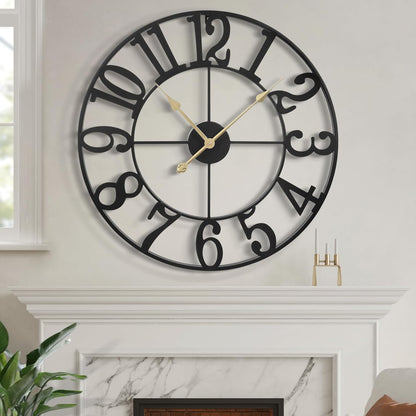 LEIKE 16" Large Wall Clocks Battery Operated, Round Modern Silent Non-Ticking Black Metal Wall Clock for Living Room Decor, Bedroom Kitchen (40cm Diameter, Black Roman Number)