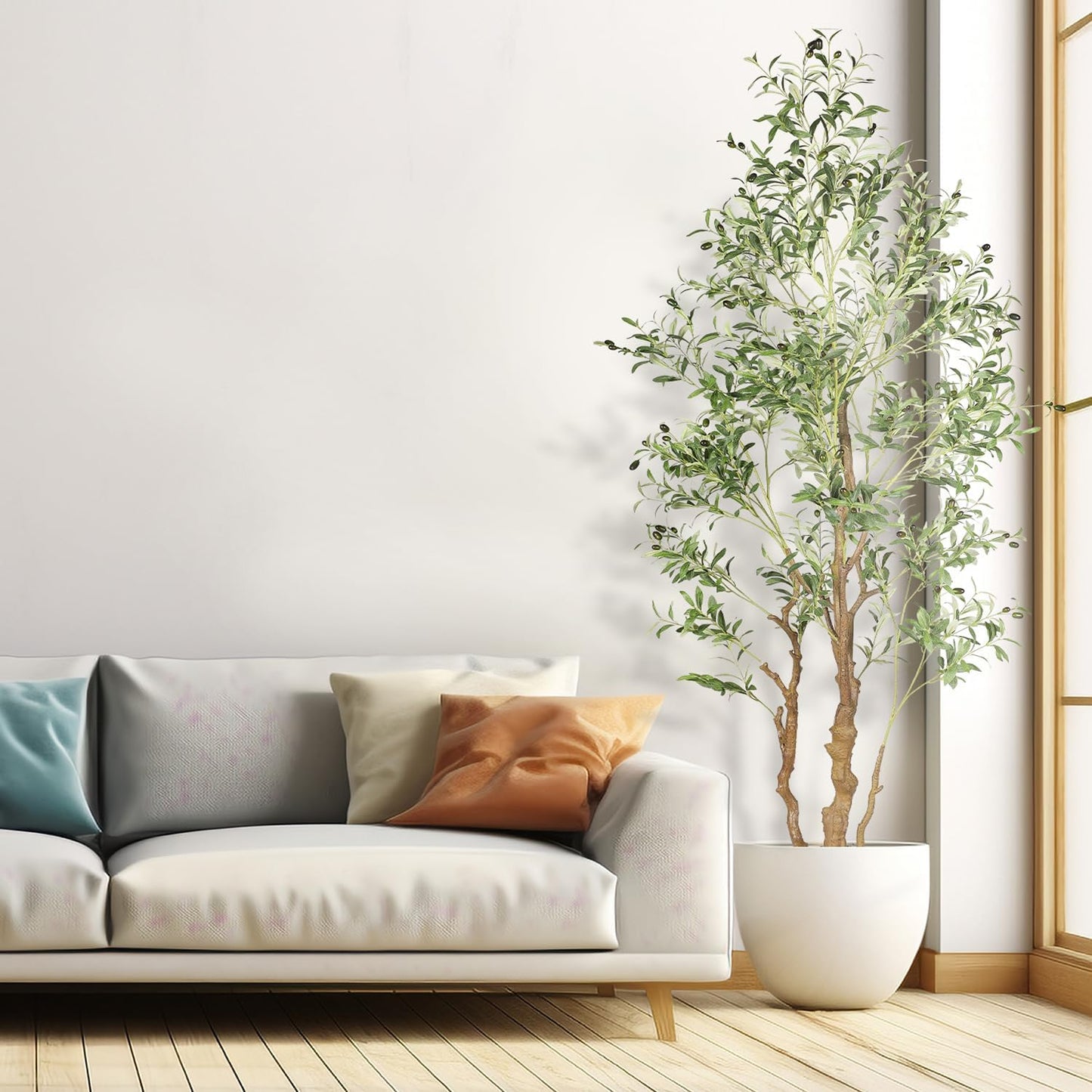 OXLLXO 7.2ft Artificial Olive Tree (85in) with Plastic Nursery Pot Faux Olive Silk Tree, Fruits Fake Plant for Office House Farmhouse Living Room Home Decor (Indoor/Outdoor)