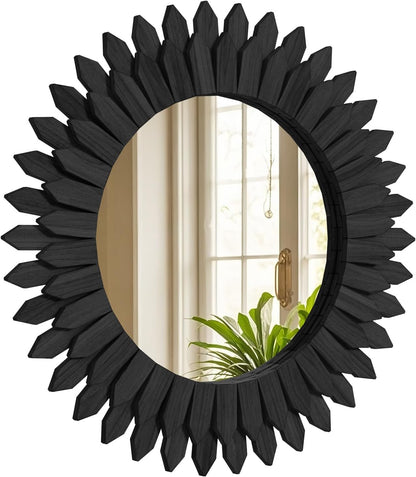 20 Inch Brown Boho Wall Decor Sunburst Mirror - Round Wooden Wall Decor, Handmade Rustic Circular Mirror for Living Room, Bedroom, Entryway, Office