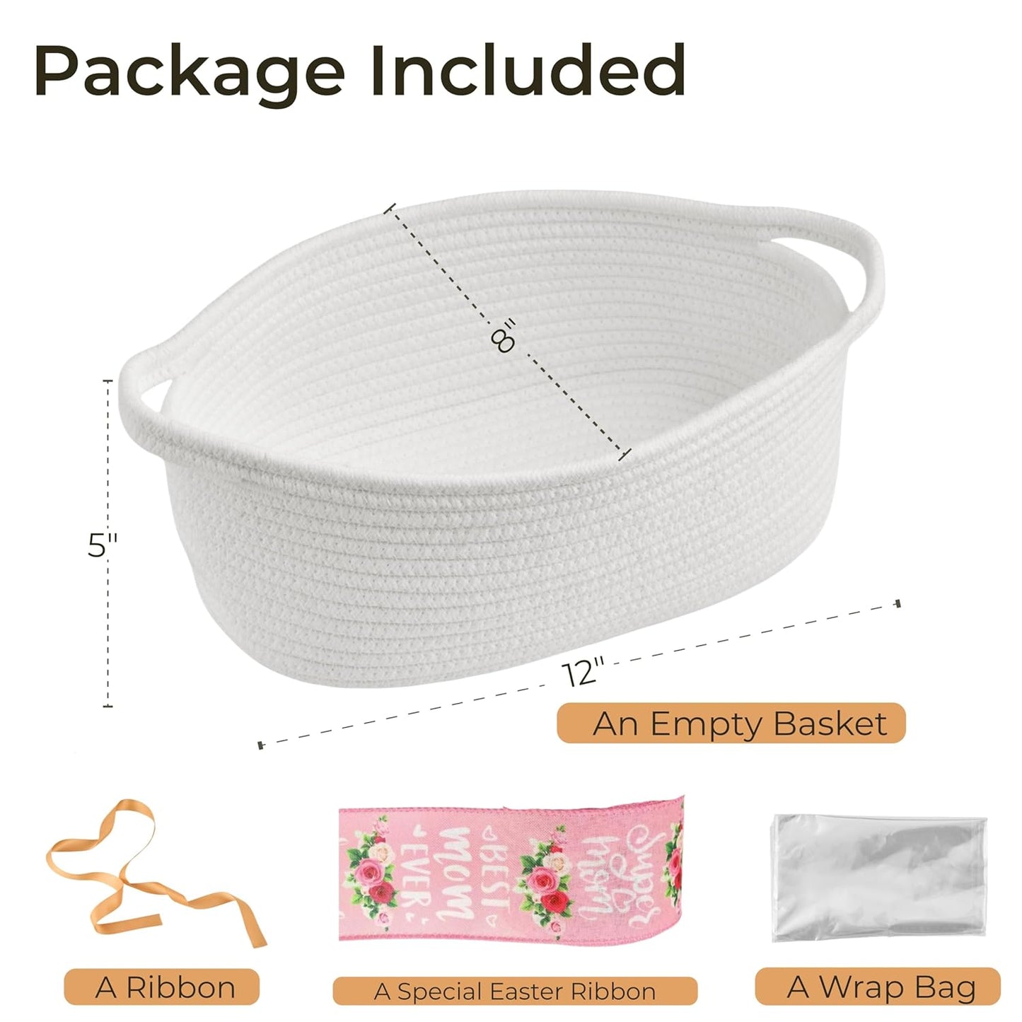 Small Woven Gift Basket Empty with Bag & Ribbon - Gifts for Mom, Baby Shower, Birthdays & Raffle - Cotton Rope Storage Basket for Dog Toys or Shelf - 12"x8"x5", White