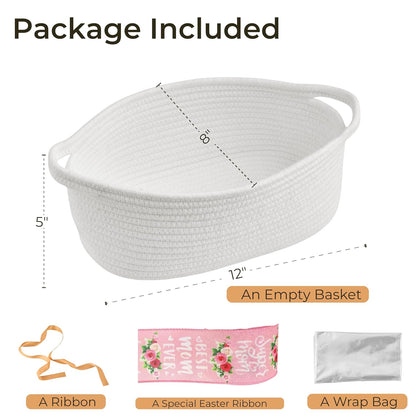 Small Woven Gift Basket Empty with Bag & Ribbon - Gifts for Mom, Baby Shower, Birthdays & Raffle - Cotton Rope Storage Basket for Dog Toys or Shelf - 12"x8"x5", White