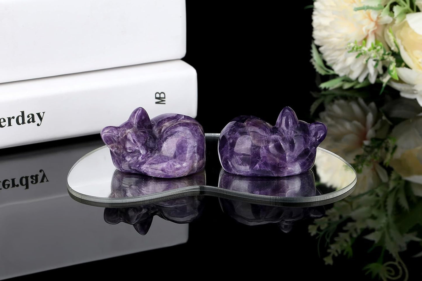 YATOJUZI 2" Cat Decors Statue Opal Moonstones Crystals Opalite Sleeping Cats Gemstone Hand-Carved Cute Animal Figurines Home Office Desk Decor Stocking Stuffers Cat Themed Ornaments Gifts for Women