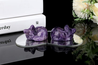 YATOJUZI 2" Cat Decors Statue Opal Moonstones Crystals Opalite Sleeping Cats Gemstone Hand-Carved Cute Animal Figurines Home Office Desk Decor Stocking Stuffers Cat Themed Ornaments Gifts for Women