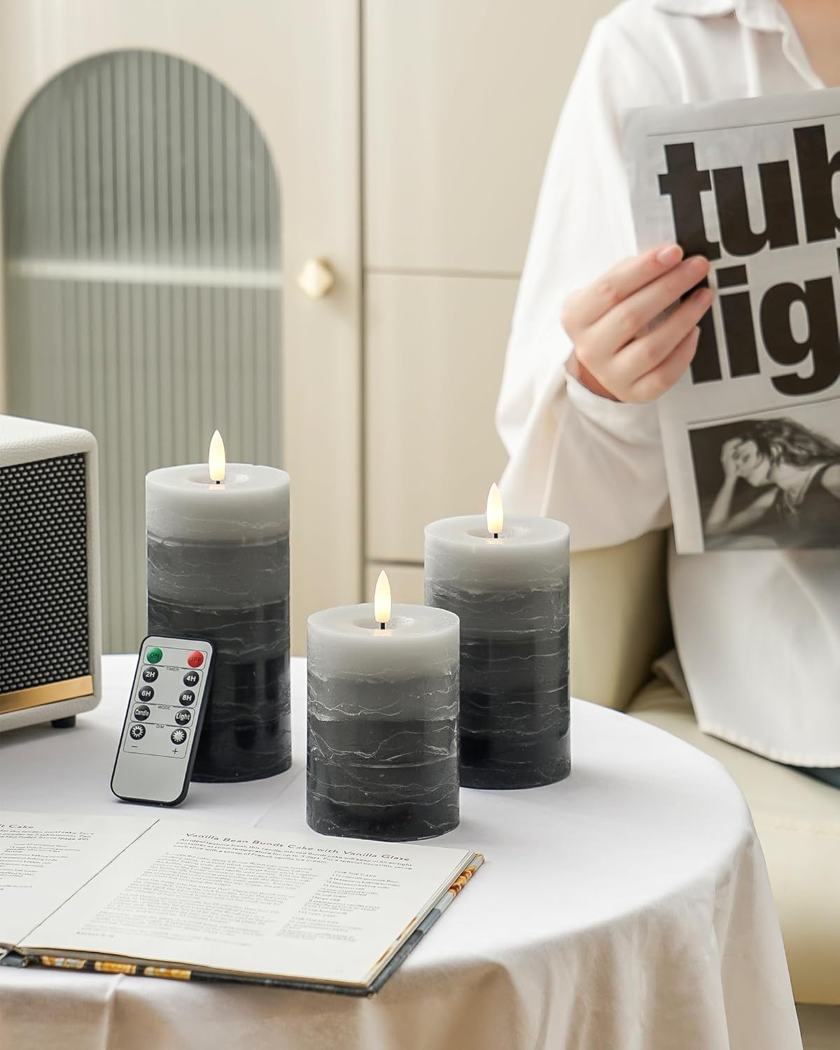 Stmarry Ivory Flameless Candles with Remote and Timer, Real Wax Made LED Pillar Candles Battery Operated with 3D Flickering Flame - 3" x 4",5",6" - Set of 3