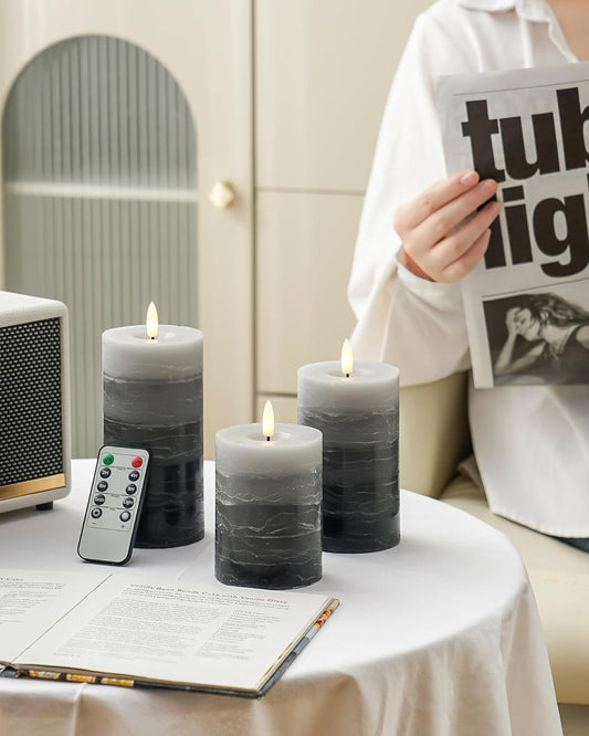 Stmarry Ivory Flameless Candles with Remote and Timer, Real Wax Made LED Pillar Candles Battery Operated with 3D Flickering Flame - 3" x 4",5",6" - Set of 3