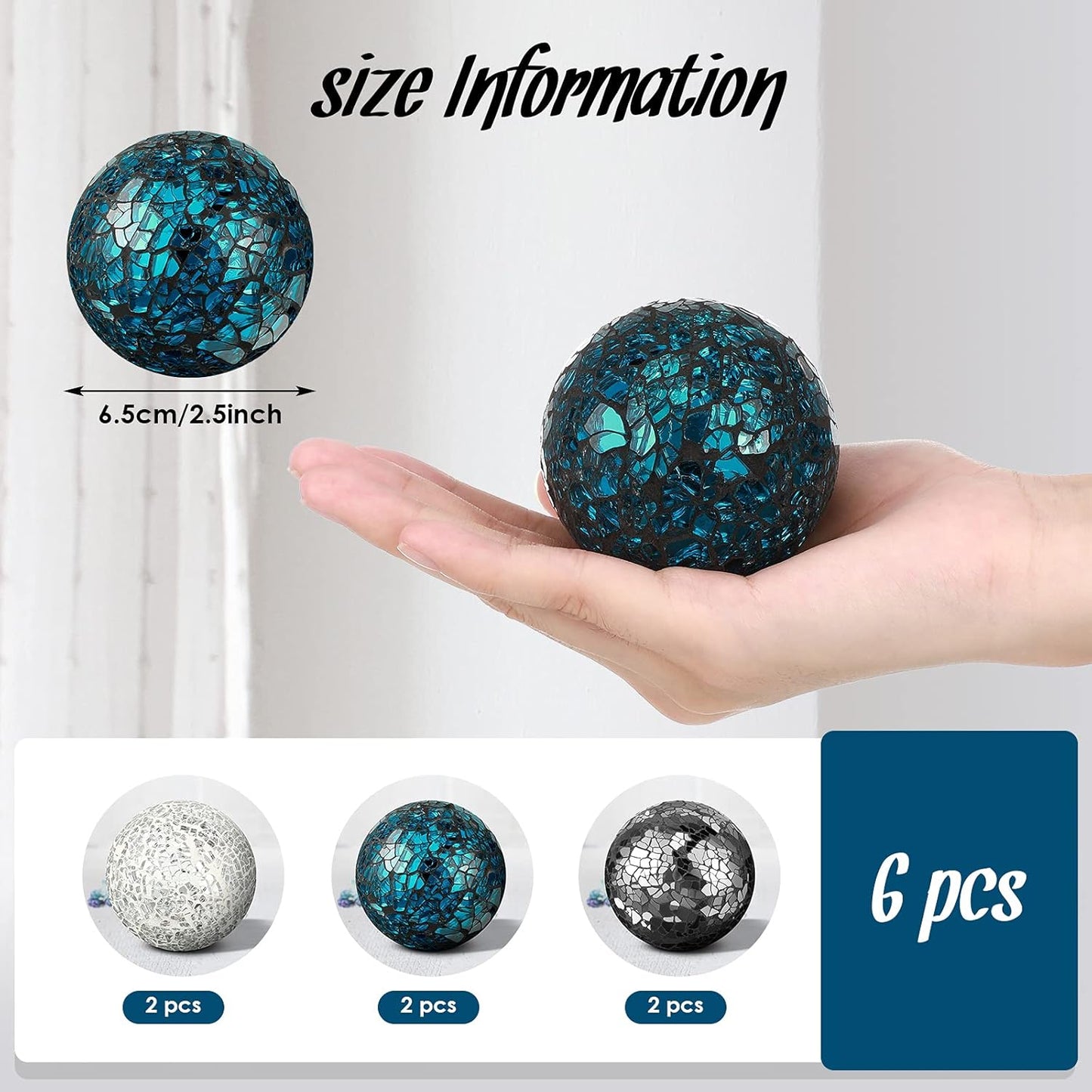 Cunhill 6 Pieces Decorative Balls for Bowls 6.5 cm / 2.5 Inch Orbs Glass Balls for Centerpiece Bowls Mosaic Sphere for Home Decoration Dining Table Christmas Party (White,Red,Reddish Black)