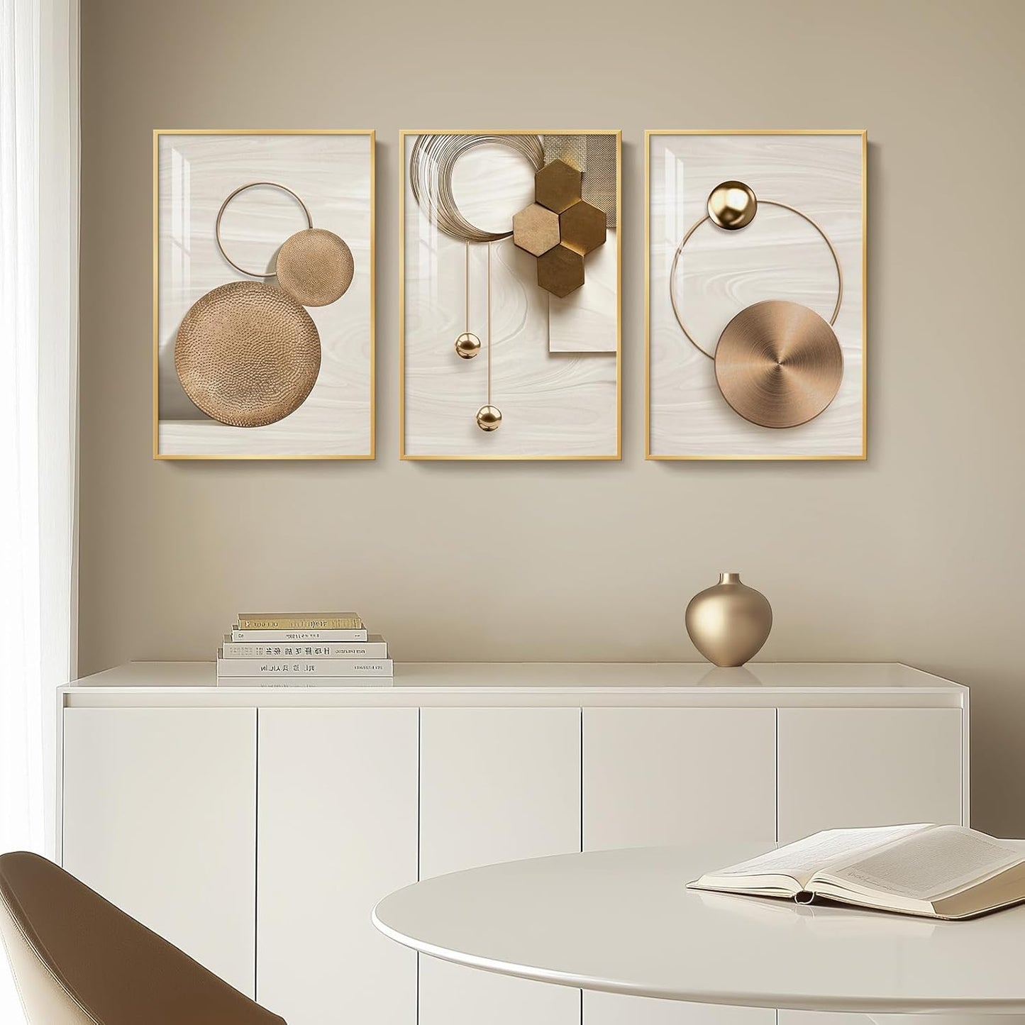 Framed Modern Luxury Gold Wall Art, Set of 3 Piece Contemporary Paintings Artwork for Walls, Golden Prints Pictures with Gold Frame, Wall Decor for Living Room, Hallway, Bedroom, Office 16x24 Inch