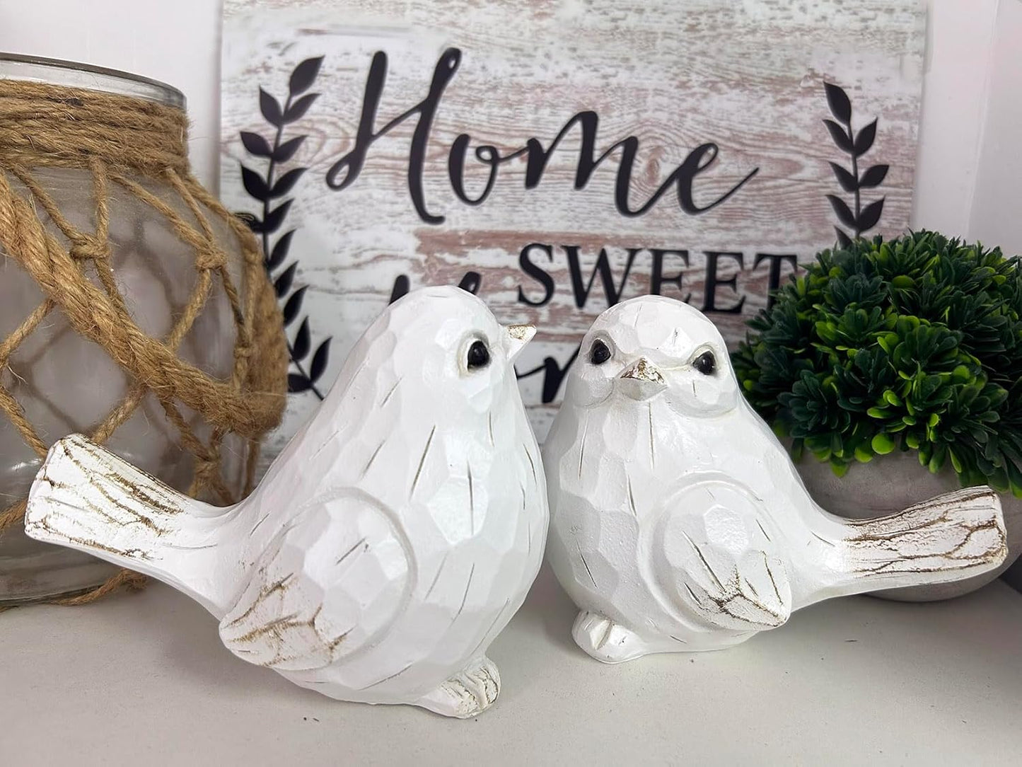 New White Modern Farmhouse Bird Figurine, Bird Statue Sculpture - Carved Rustic Distressed Animal Bird Ornaments - Home Decor Accents Collectible Bird Figurine | Spring