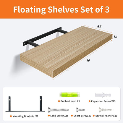 Upassion White Floating Shelves - Set of 3, 16" Wall Mounted Shelves for Home Decor, Living Room, Bedroom, Bathroom, Kitchen