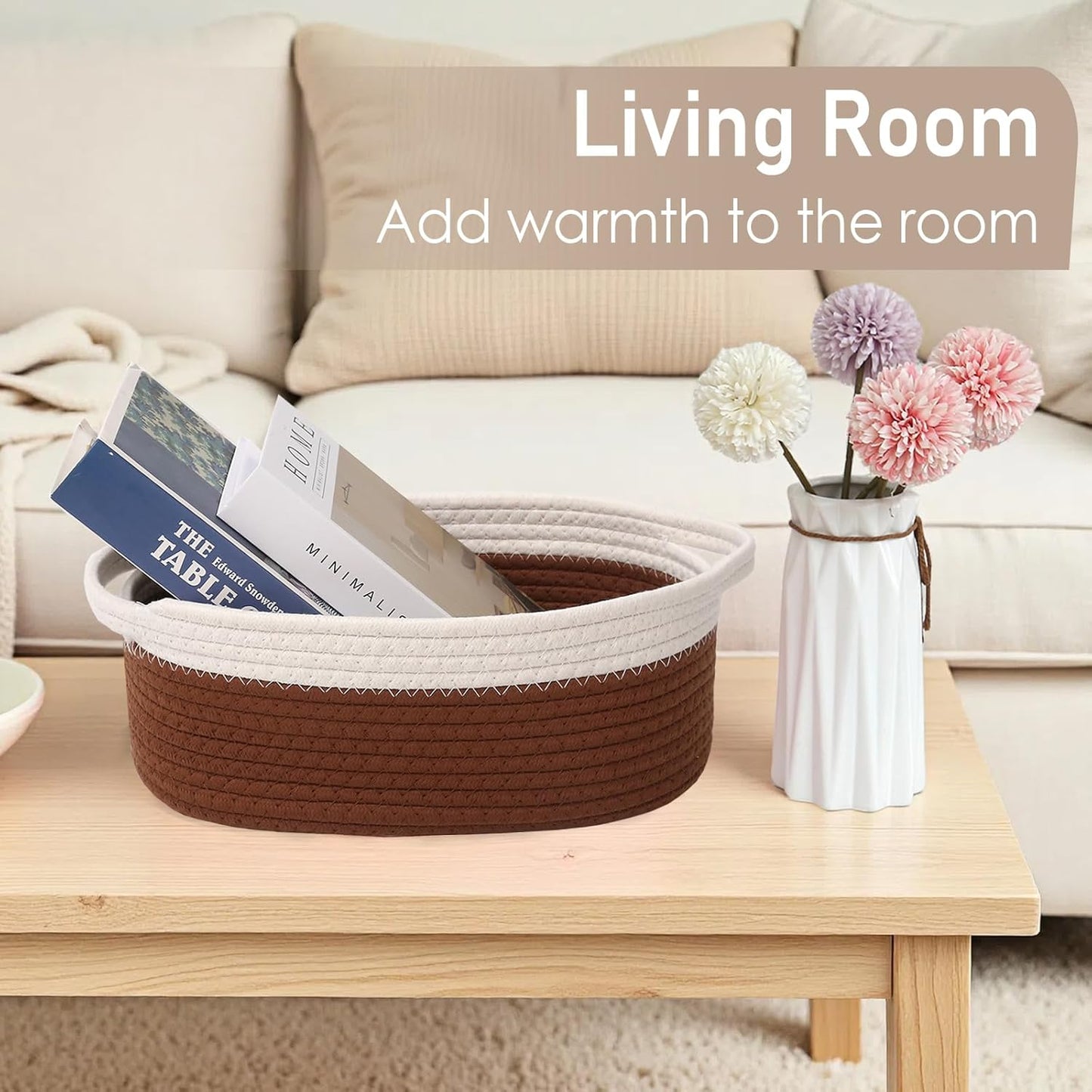 JMvicyroam Woven Basket,Small Rope Storage Bin with Handles & Ribbon Bag, Organizer for Shelves Closets,Gift Basket Empty for Birthday,Books,Dog Toys,White