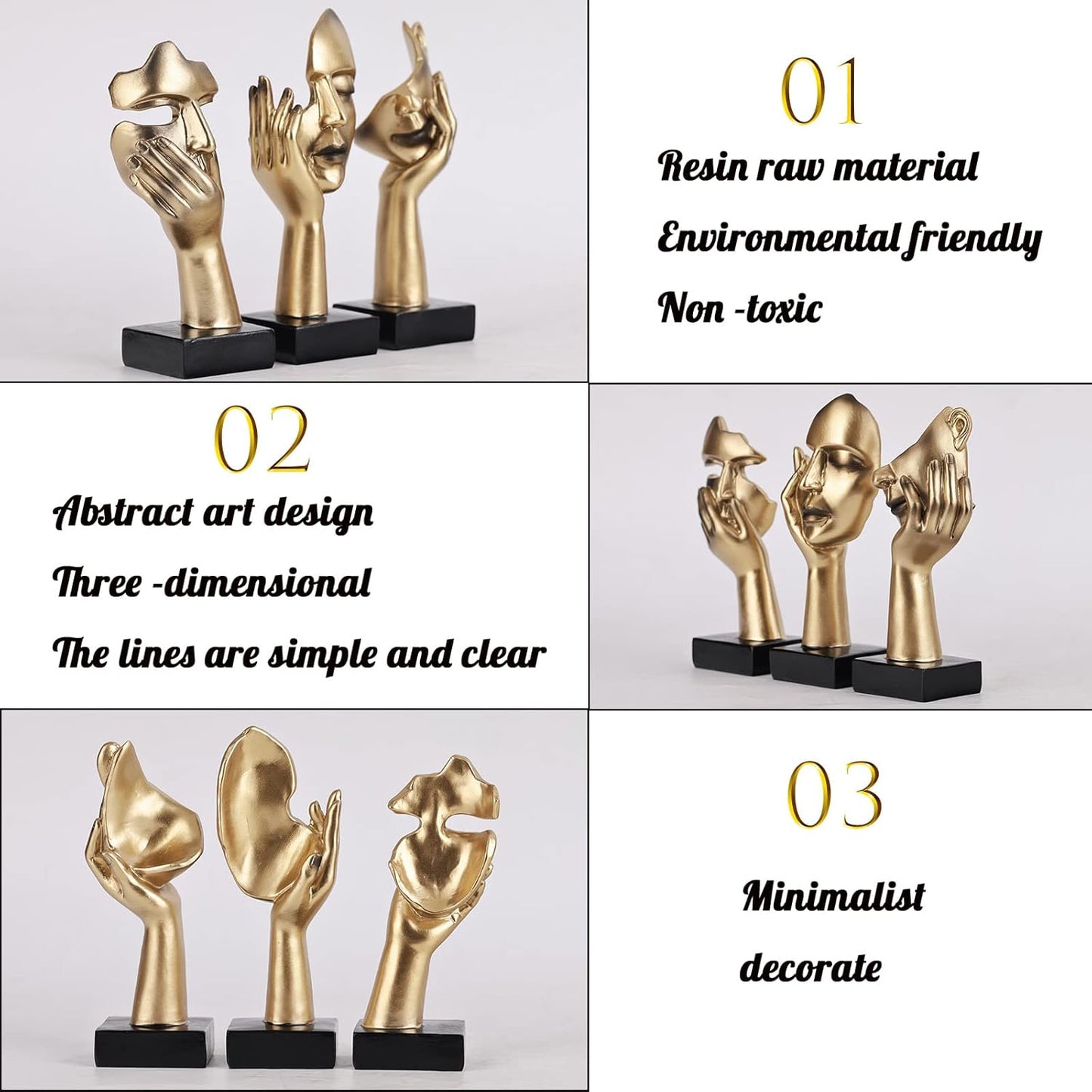 3 Pcs Thinker Small Statue Set - Black Gold Home Decor Abstract Art Figurines for Shelves, Living Room Coffee Table, Office Desktop (3 Pcs Gold, 6")