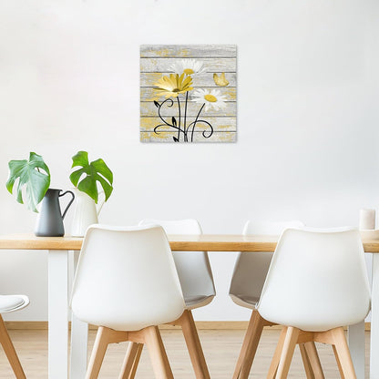 HVEST Farmhouse Floral Wall Art for Living Room, Blue and White Daisy Flower and Butterfly on Rustic Wood Board Canvas Wall Art Framed Artwork Ready to Hang for Bathroom Bedroom Decor, 16L X 12W