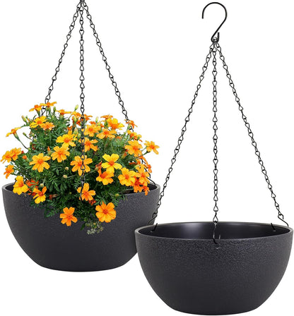 Meowell 10 inch Hanging Planters for Indoor Outdoor Plants, 2 Pack Hanging Flower Pots with Drainage Holes and Chain for Garden Porch, Plastic Hanging Baskets for House Plants, Speckled Grey