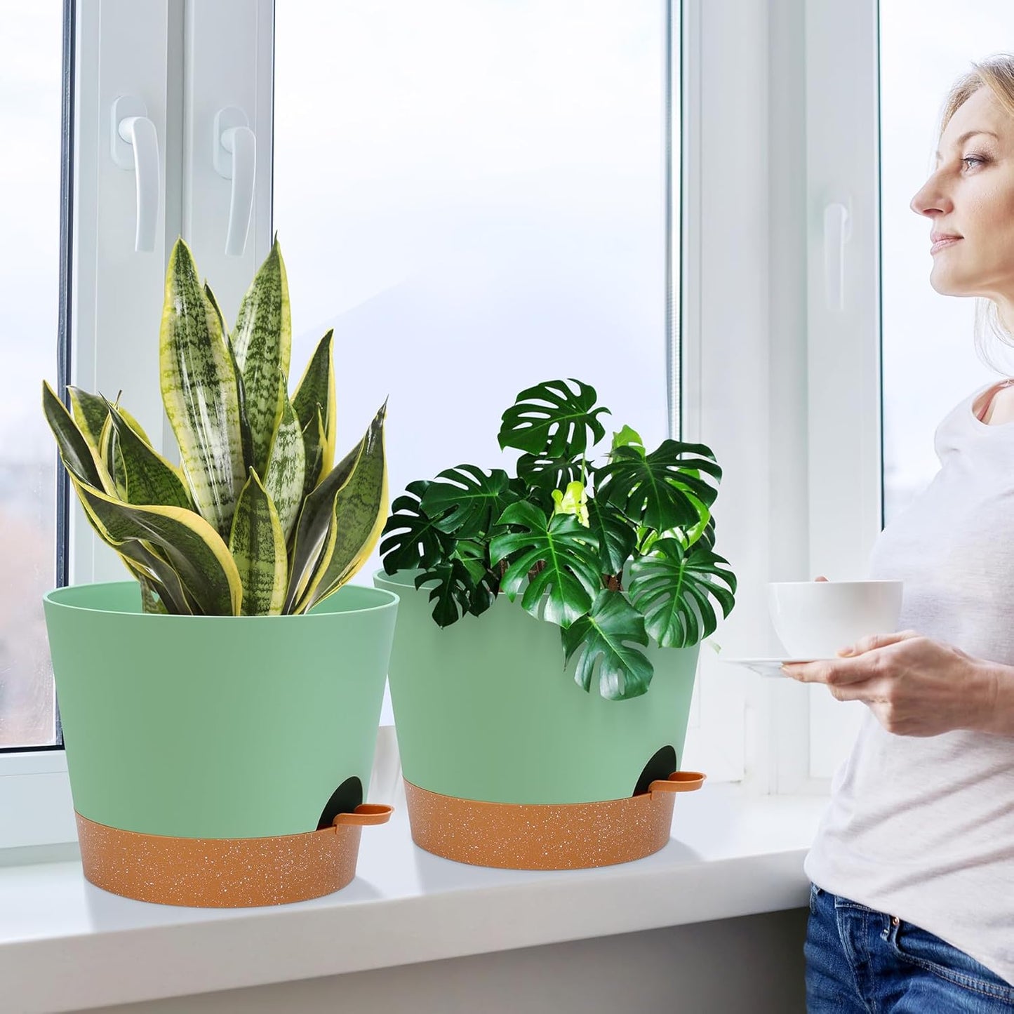 YNNICO Indoor Self Watering Planters with Drainage Holes and Saucers, 8, 7, 6.5, 6, 5.5, 5 Inches, Black, 6 Pots