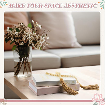 Faccito Set of 2 Linen Decorative Books with Wooden Beaded Garland Tassel Elegant Linen Books Aesthetic Gold Foil Fake Book for Coffee Table Shelf Mantel Storage Boxes(Mint Green)