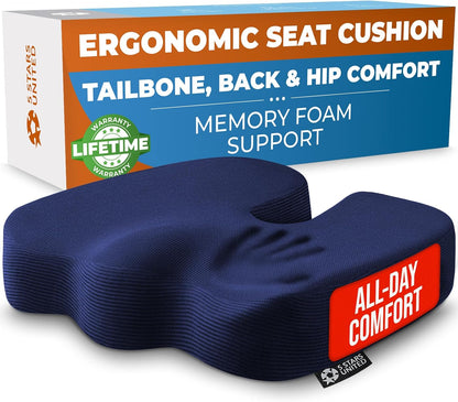 5 STARS UNITED Seat Cushion - Memory Foam Chair Cushion for Tailbone Pain Relief - Ergonomic Support for Coccyx, Sciatica & Butt - Office, Desk & Gaming Chair, Car Seat, Wheelchair, Airplane, Black