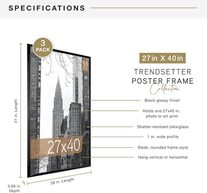 MCS Trendsetter 24x36 Poster Frame Black High-Gloss, Vertical & Horizontal Wall Hanging Large Picture Frame for Photos, Posters & Art Prints (1-Pack)
