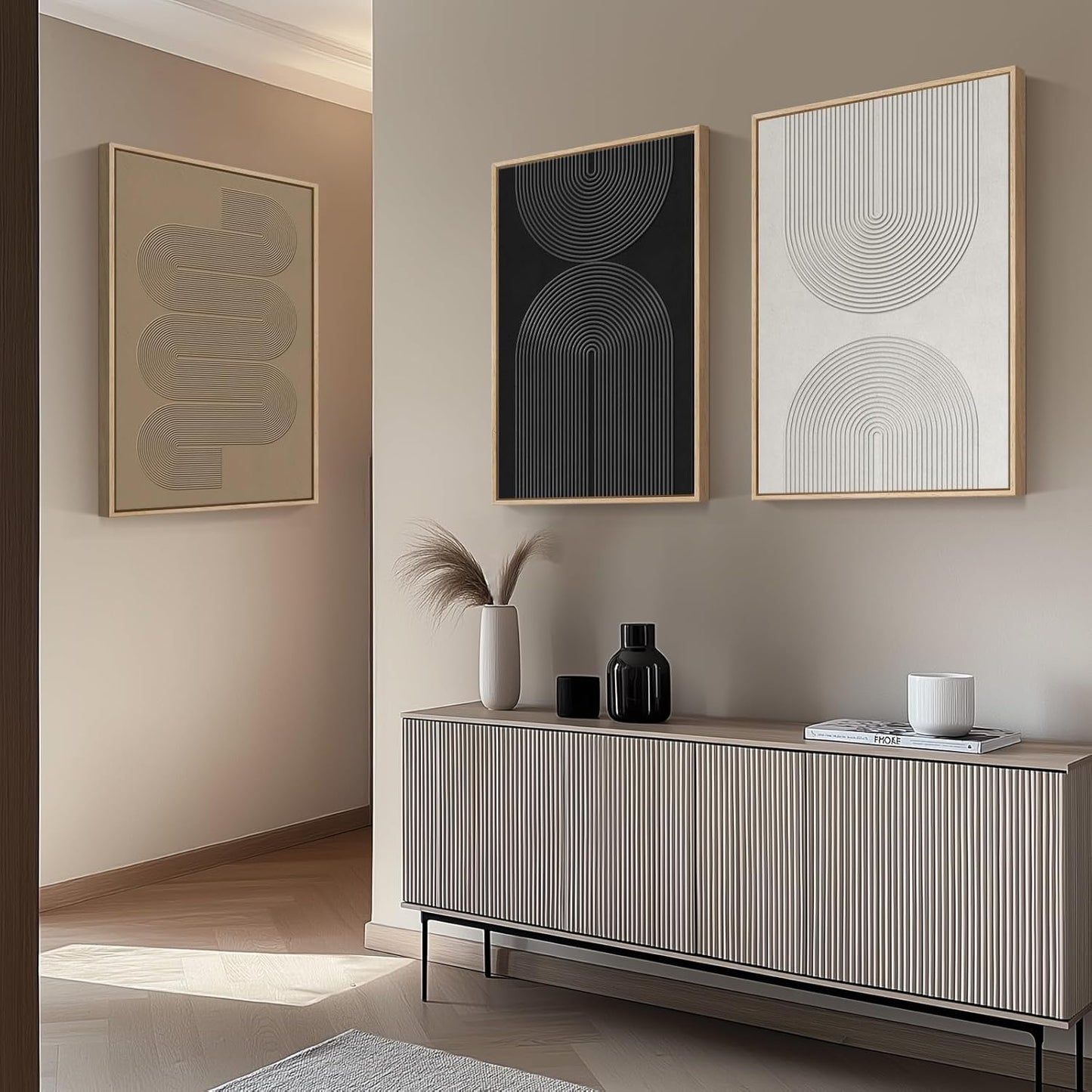 Large Framed Black and White Abstract Wall Art for Living Room, 3 Piece Big Modern Canvas Prints Paintings Artwork for Walls, Minimalist Abstract Art Pictures for Hallway, Office Wall Decor 24x36 In