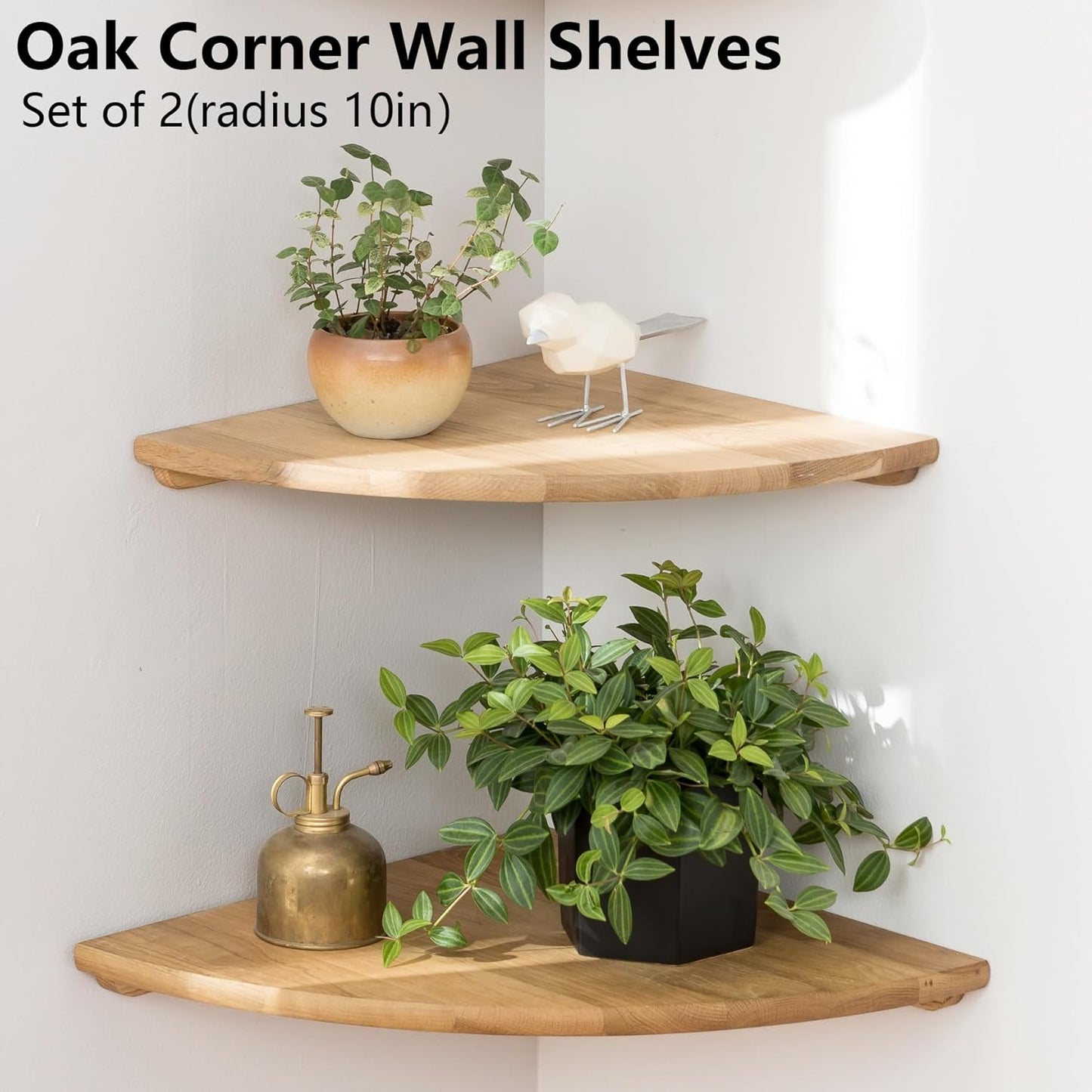 Corner Shelves, Floating Corner Shelf, Set of 2 7inch Solid Oak Wood Wall Shelves, Round End Wall Mount with Wire Hole Shelving for Small Plant for Bedroom Kitchen, Living Room