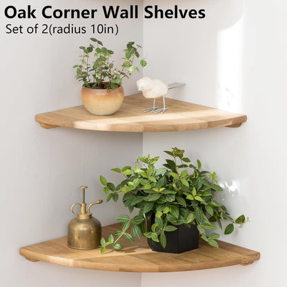 Corner Shelves, Floating Corner Shelf, Set of 2 7inch Solid Oak Wood Wall Shelves, Round End Wall Mount with Wire Hole Shelving for Small Plant for Bedroom Kitchen, Living Room