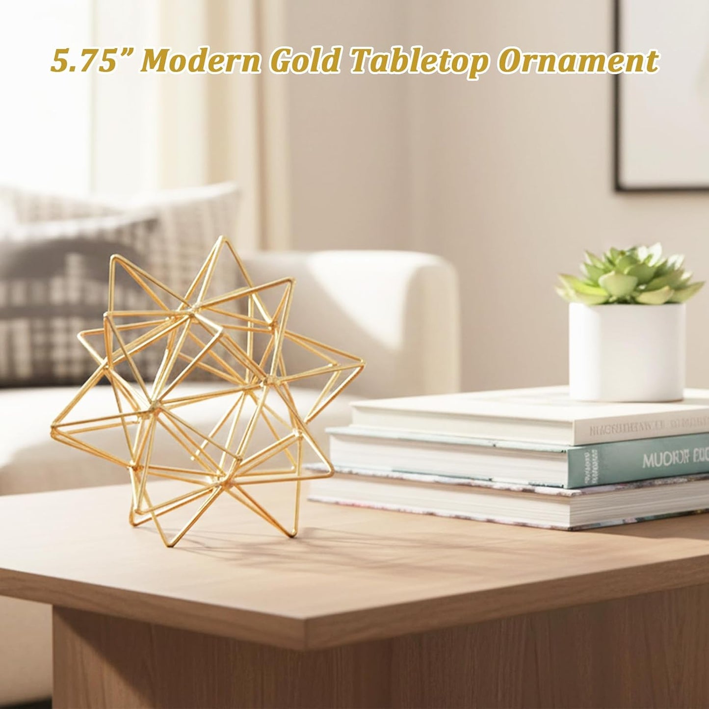 5.5" Gold Metal Geometric Sculpture, Modern Square Decorative Sphere, Small Tabletop Decoration Ball for Home Office Table Shelf Living Room Bedroom Desk Decor