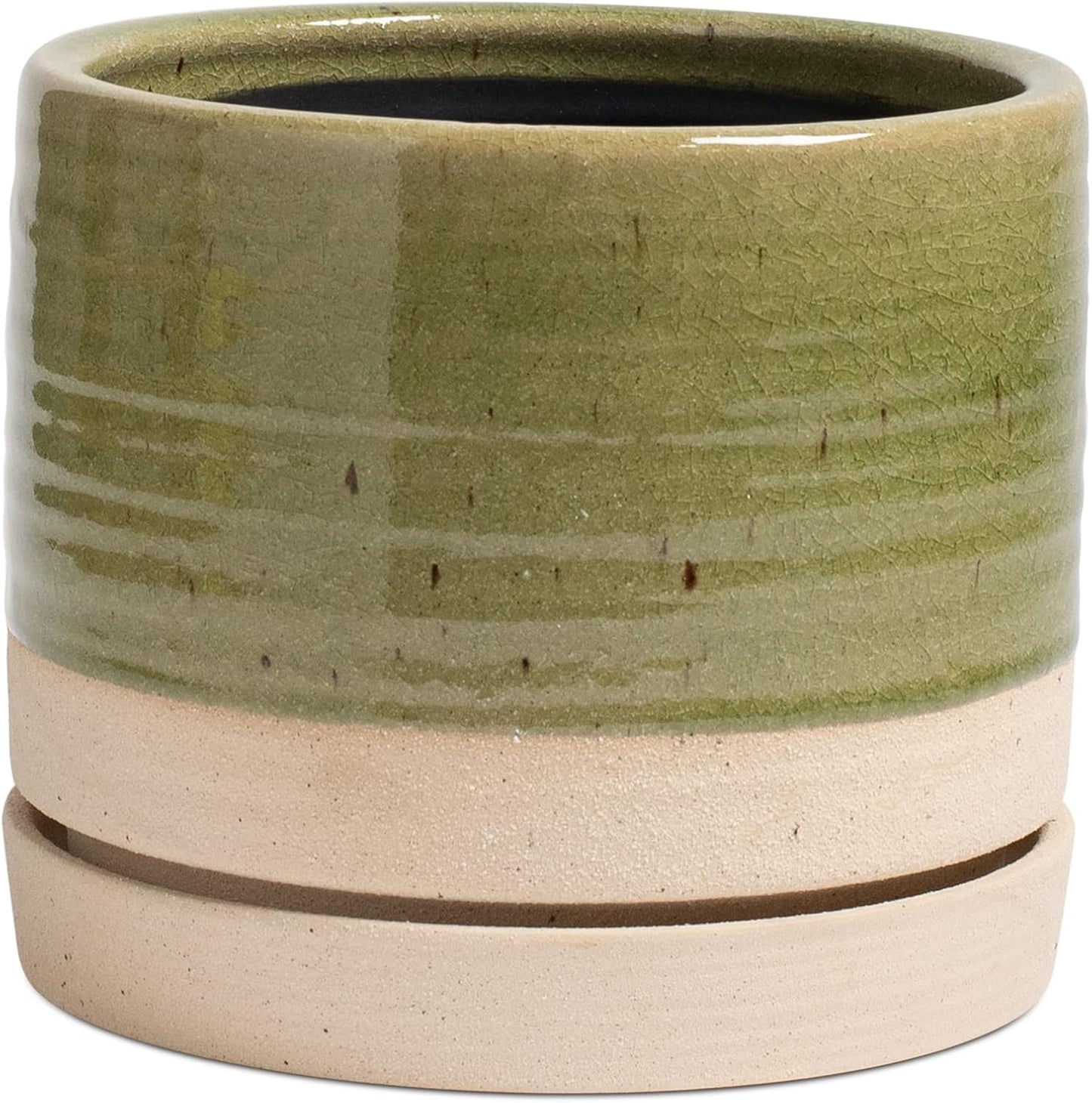 HERDUK 6 Inch Plant Pots, Ceramic Planter Pot with Drainage Hole & Saucer, Indoor/Outdoor Cylinder Round Planter Pot, Green & Beige