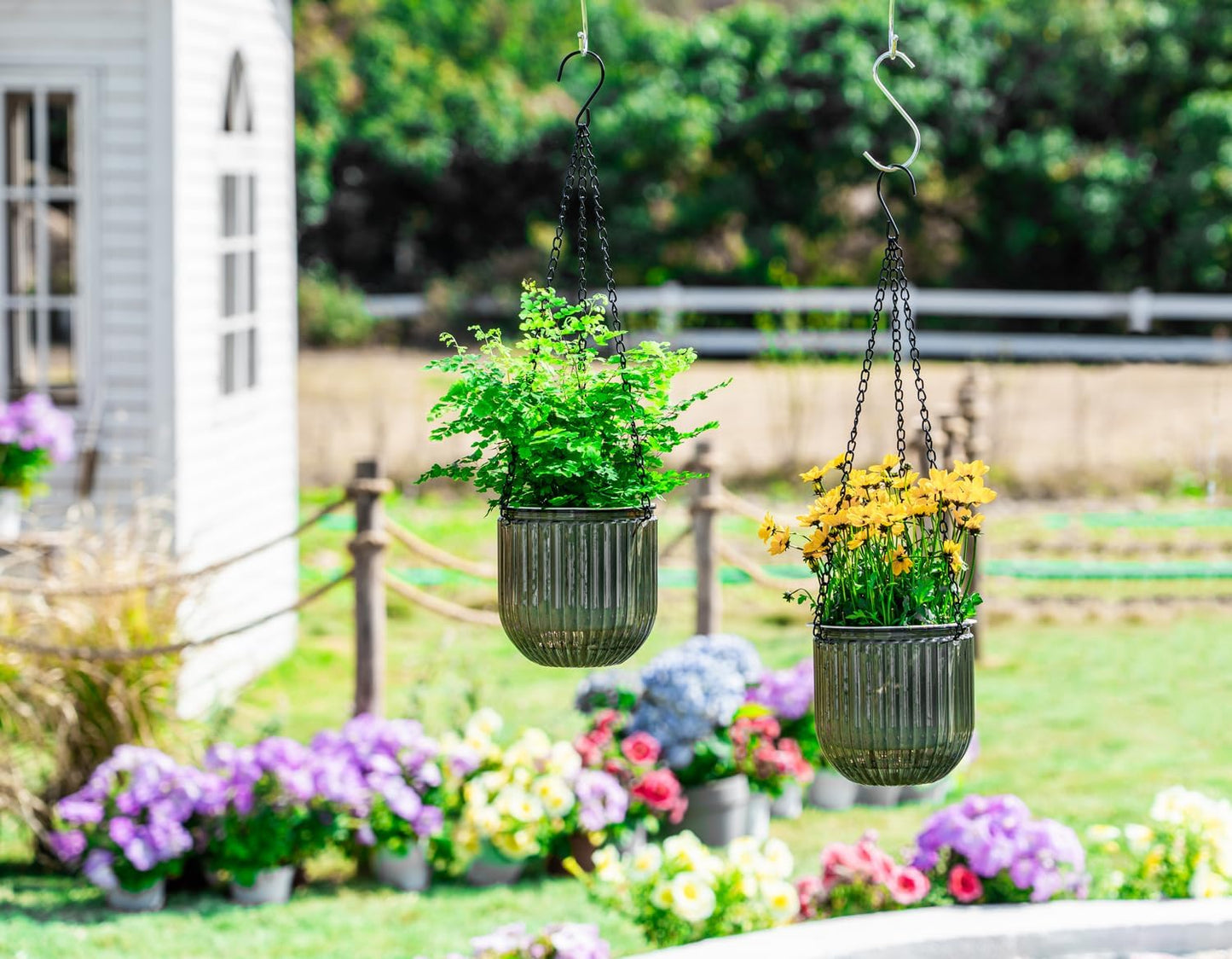 Melphoe 2 Pack Self Watering Hanging Planters Indoor Flower Pots, 6.5 Inch Outdoor Hanging Basket, Plant Hanger with 3Hooks Drainage Holes for Garden Home (Emerald)