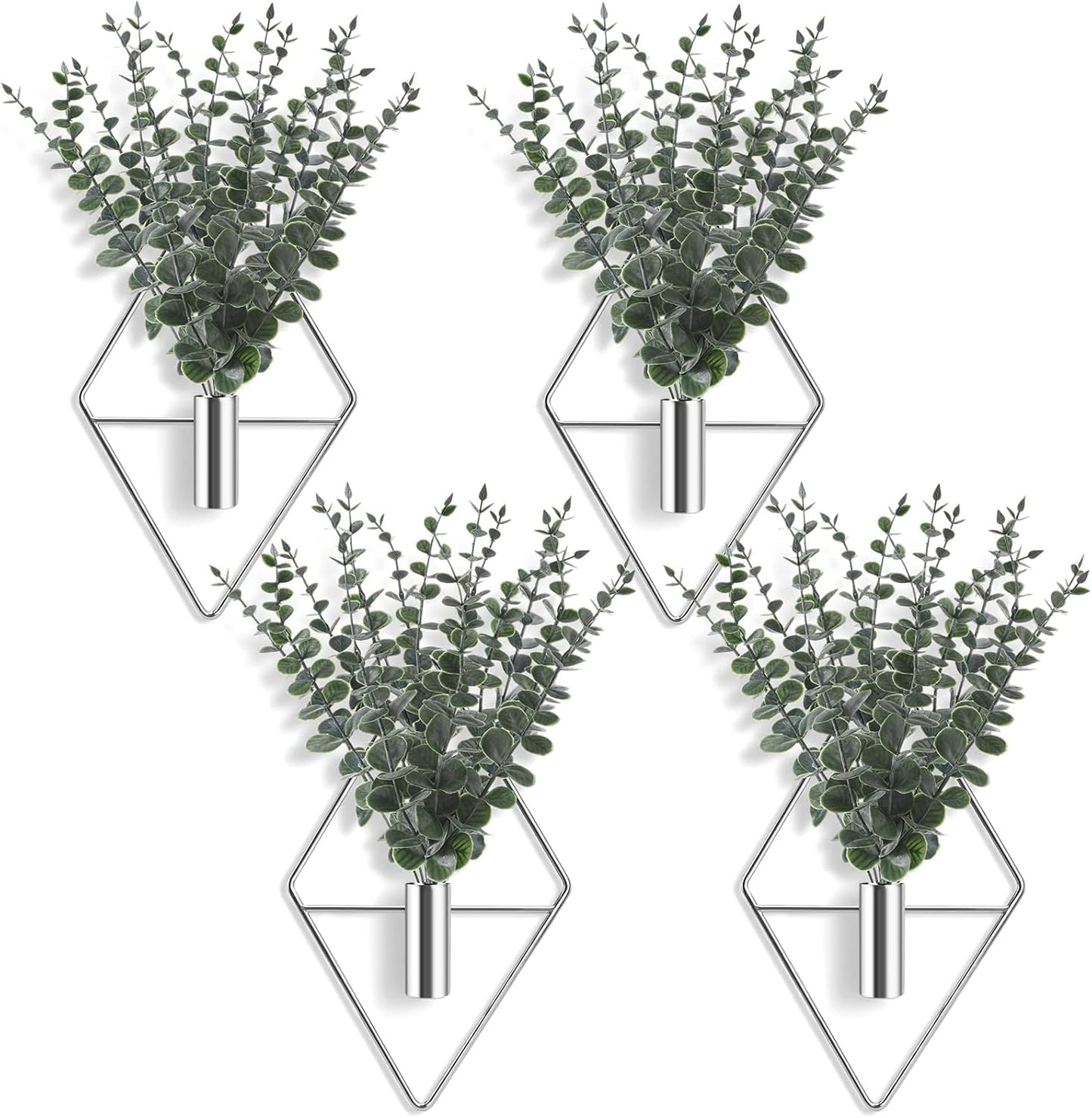 Jexine 4 Pcs Hanging Planters with Artificial Eucalyptus Metal Hanging Vase Indoor Plants Holder Modern Geometric Boho Bathroom Wall Decor for Living Room Home Office(Black)