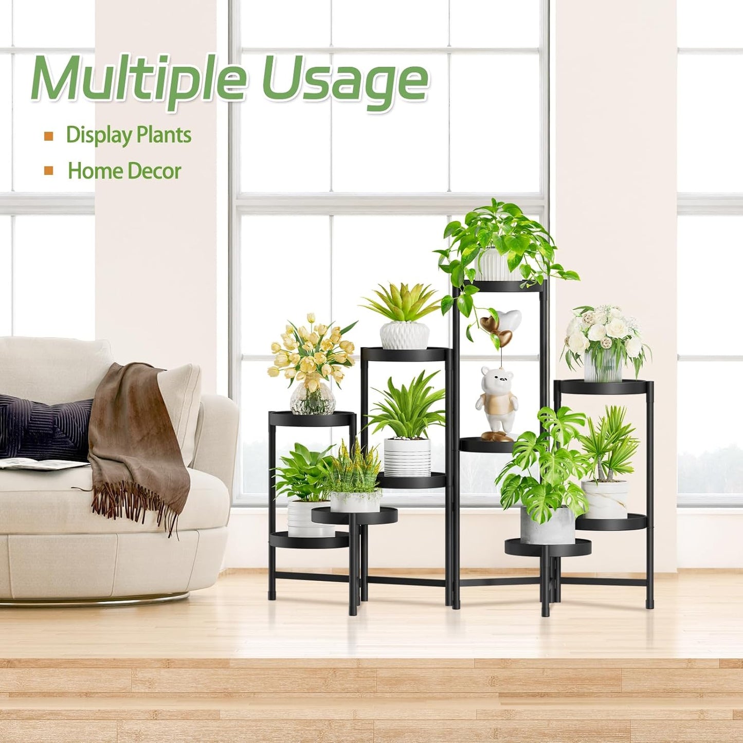 iDavosic.ly Plant Stand Indoor Outdoor, 5 Tier Corner Metal Flower Display Holder Shelf, Folding Tall Orchid Rack for Patio Balcony Porch Garden Living Room House, Black