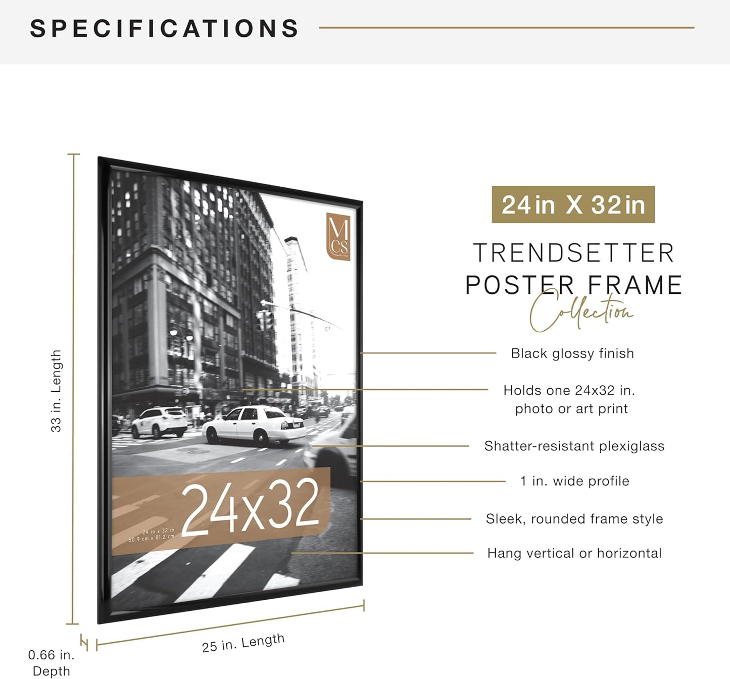 MCS Trendsetter 24x36 Poster Frame Black High-Gloss, Vertical & Horizontal Wall Hanging Large Picture Frame for Photos, Posters & Art Prints (1-Pack)