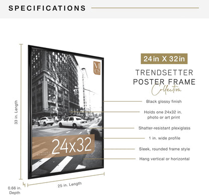 MCS Trendsetter 24x36 Poster Frame Black High-Gloss, Vertical & Horizontal Wall Hanging Large Picture Frame for Photos, Posters & Art Prints (1-Pack)