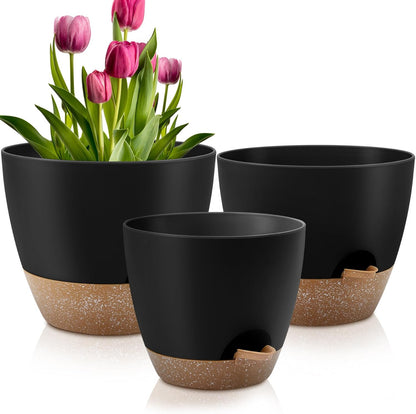 QRRICA Plant Pots 10/9/8/7.5/7 Inch Self Watering Pots, Set of 5 Plastic Planters with Drainage Holes and Saucers,Plastic Flower Pots,Nursery Planting Pot for Indoor Out Door Plants（Green）