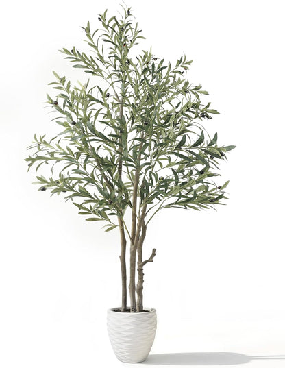 KOL 5.2ft Artificial Olive Tree Indoor, Tall Faux Olive Trees, Fake Olive Tree Floor Plant for Home Office Living Room Decor with Matte Black Pot