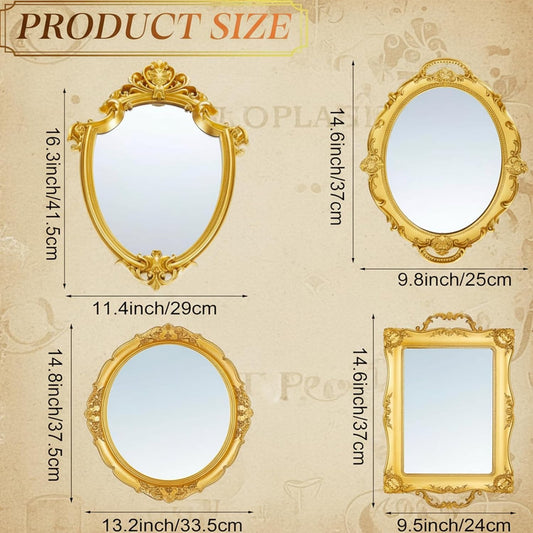 Beeveer 4 Pcs Vintage Gold Mirrors Set Decorative Hanging Wall Decor for Wedding Gallery Bedroom Bathroom Antique Jewelry Dresser Organizer Mirrored Tray Victorian Decor (Classic,Gold)
