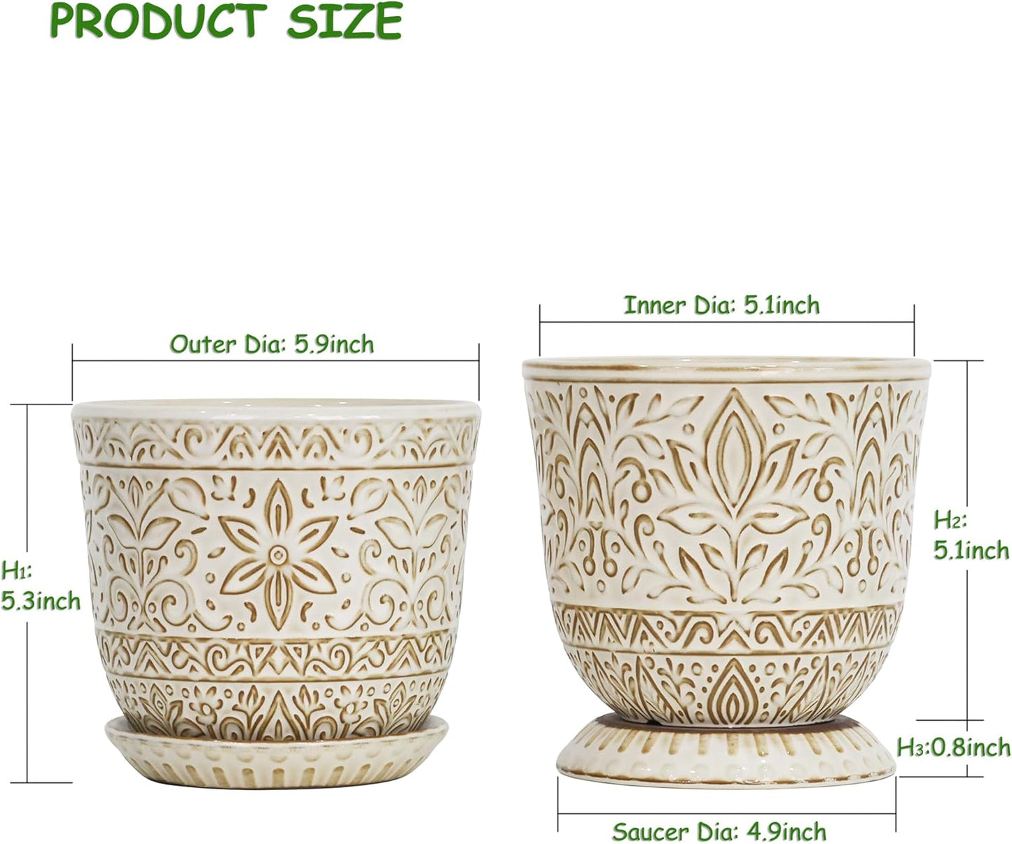 Gepege 6 Inch Beaded Ceramic Planter Set of 2 with Drainage Hole and Saucer for Plants, Indoor-Outdoor Large Round Succulent Orchid Flower Pot (Smoked Gray, Inner-pots not Larger Than 5 Inch)