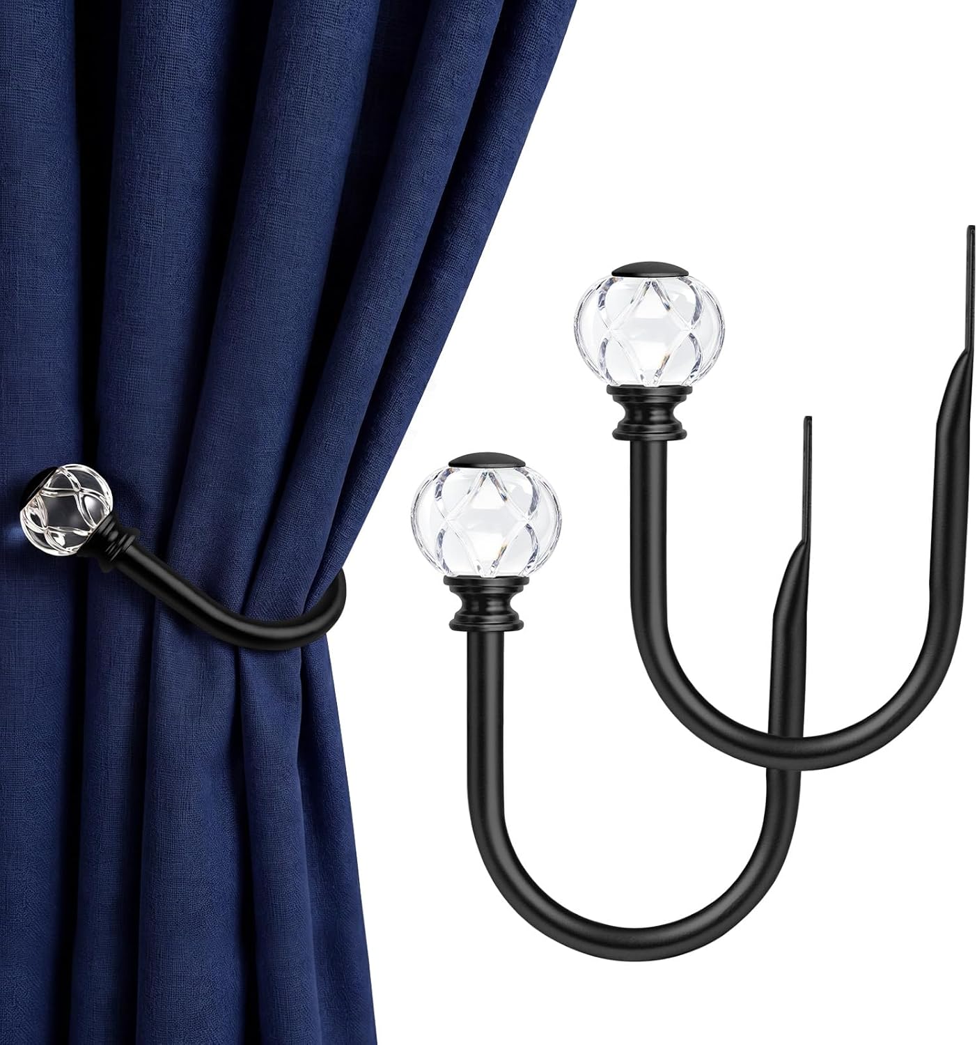 KAMANINA Curtain Holdbacks 2pcs, Gold Curtain Tiebacks, Window Curtains Hooks for Wall, Decorative Holders for Drapes with Crystal Finials(5.4" L × 4.1" W)