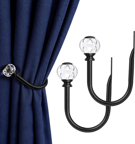 KAMANINA Curtain Holdbacks 2pcs, Gold Curtain Tiebacks, Window Curtains Hooks for Wall, Decorative Holders for Drapes with Crystal Finials(5.4" L × 4.1" W)