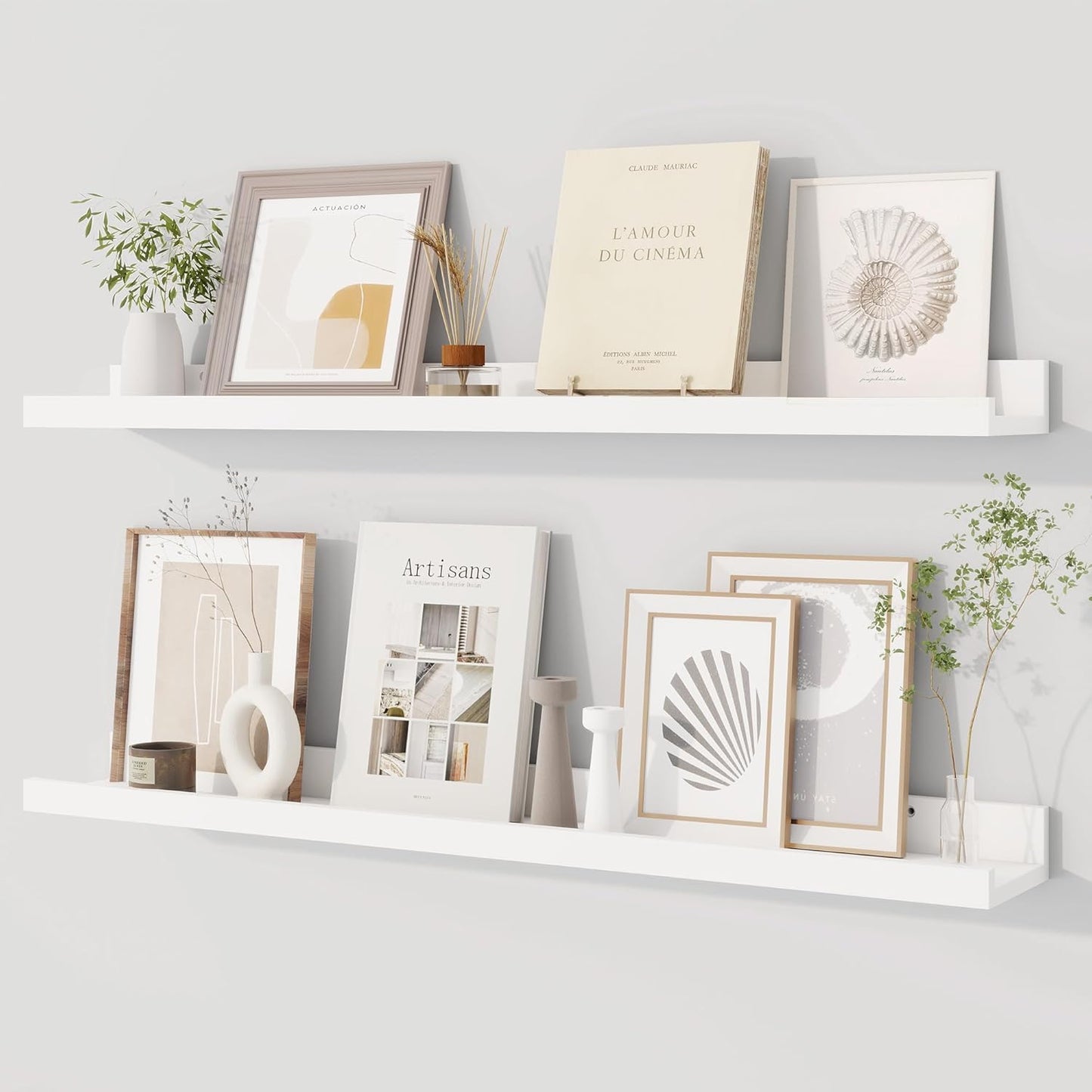 Dreamland Picture Ledge Shelf for Wall, Floating Shelves Set of 2, 48 Inch Long Floating Shelves with Lip for Living Room, Bedroom, Bathroom, Kitchen, White