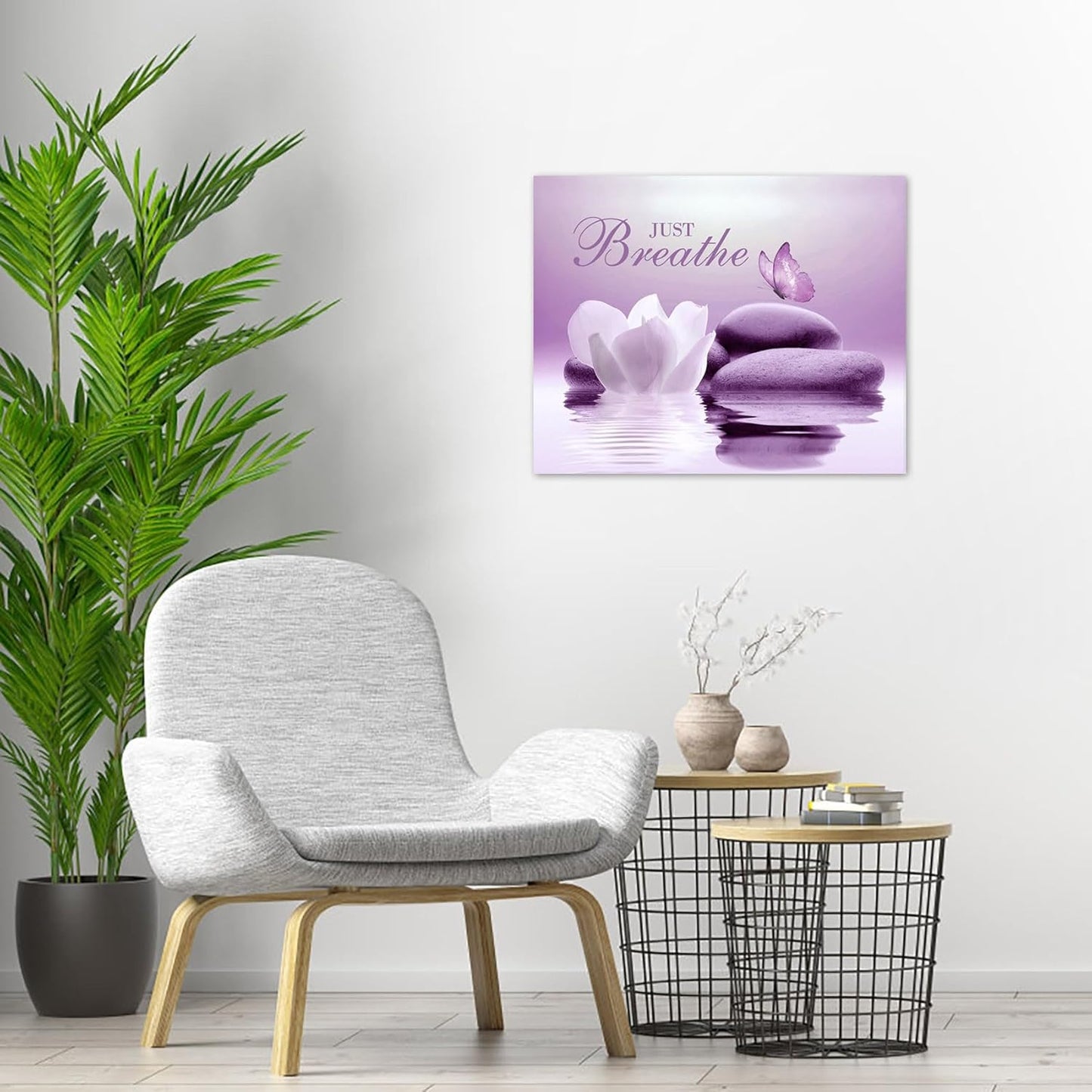 EOBTAIN Zen Flower Canvas Wall Art Bathroom Butterfly and Water Lily Stone Relaxing Spiritual Yoga Framed Wall Art Just Breathe Pictures Canvas Wall Decor for Living Room Bedroom,12x16 Inches
