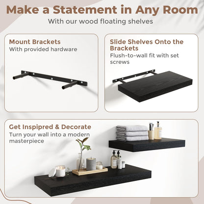 72 Inch Long Floating Shelves for Wall Set of 2, 12"D Wood Grain Bathroom Shelves with Invisible Brackets, Easy Install Engineered Wood Storage Shelves for Kitchen, Living Room, Bedroom, Black Finish