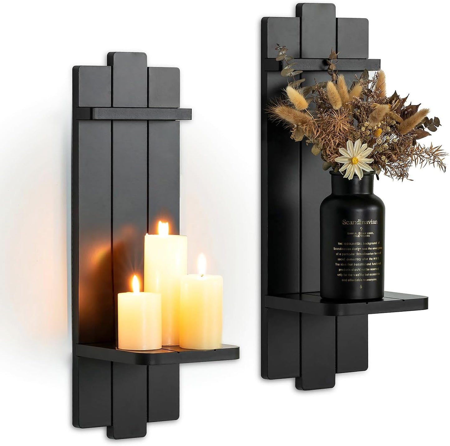 Candle Sconces Black Wall Decor Set of 2 - Wood Wall Candle Holders Set of Two for Small Plants Pillar Candles Tealight - Gothic Distressed Decor for Living Room