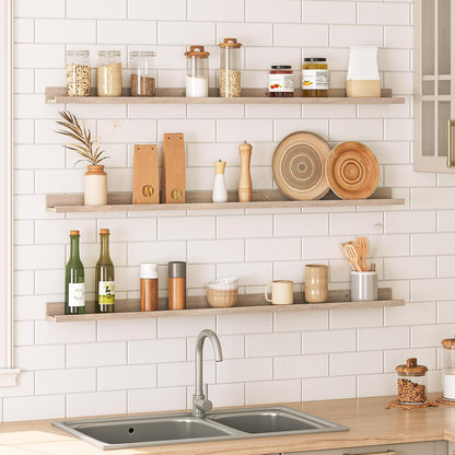 HOOBRO Floating Shelves, Wall Shelf Set of 3, 35.4 Inches Hanging Shelf with Raised Edge and Invisible Brackets, for Bathroom, Bedroom, Kitchen, Office, Living Room Decor, Rustic Brown BF90BJ01