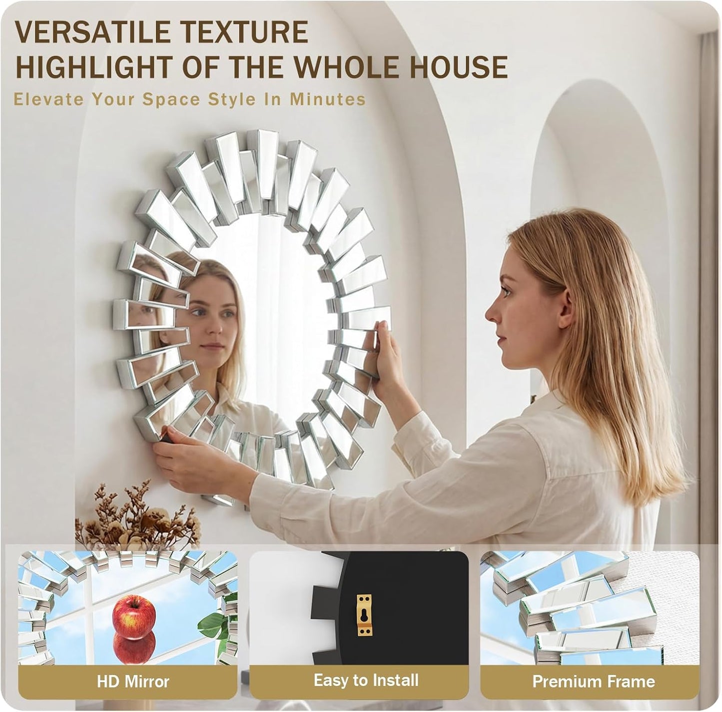 Gold Sunburst Mirror, 26" Sun Mirror Wall Decor with Beveled Glass Frame, Starburst Mirrors for Entryway, Dining Room, Living Room
