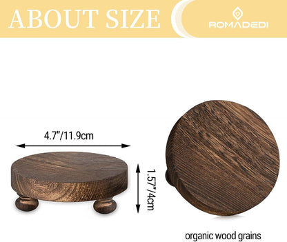 Romadedi Farmhouse Wood Riser for Display- 2 pcs Rustic Decor Mini Wooden Pedestal Decorative Round Tray for Home Table Bathroom Counter Shelf Kitchen, Brown