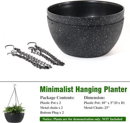 WSMKSZ 10 inch Hanging Planters for Outdoor Indoor Plants with Drainage Holes and Chain, 2 Pack Round Hanging Flower Pots for Garden Home Porch Decor, Black