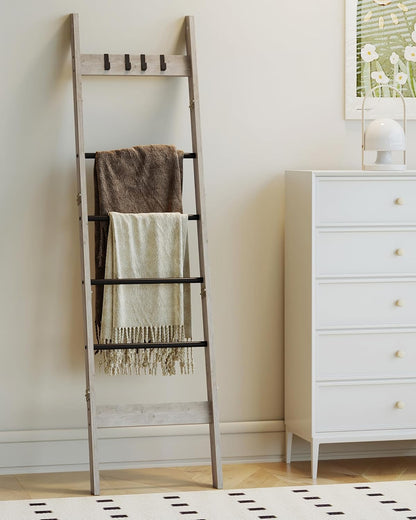 Hzuaneri Blanket Ladder for Living Room, Decorative Quilt Rack with 4 Removable Hooks, 5-Tier Farmhouse Ladder Holder Shelf Organizer for Bedroom, Rustic Brown and Black 02101BBR