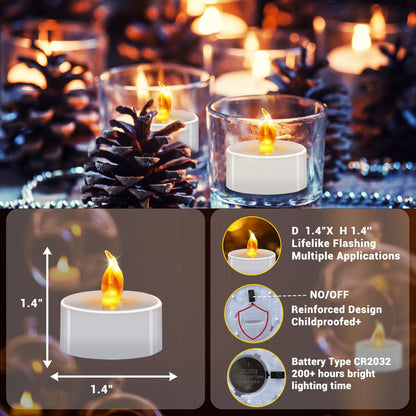 LED Tea Lights - 12 Pack Flameless Battery Operated Candles, 200+ Hours Flickering Warm White, Realistic Fake Tealights for Weddings, Home Decor, Parties, and Sweetest Day