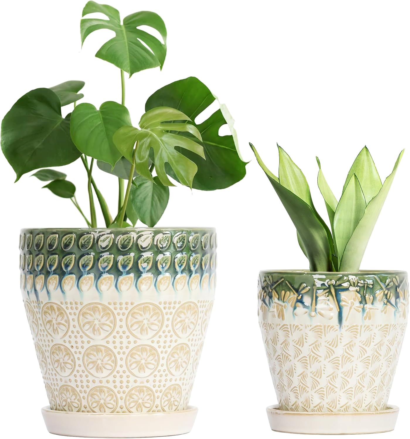 6 Inch Ceramic Planter Pots with Drainage Holes, Saucers and Mesh Pads for Indoor-Outdoor Plants, Succulent Orchid Flower Large Round Plant Pot, Set of 2 (Green+White)